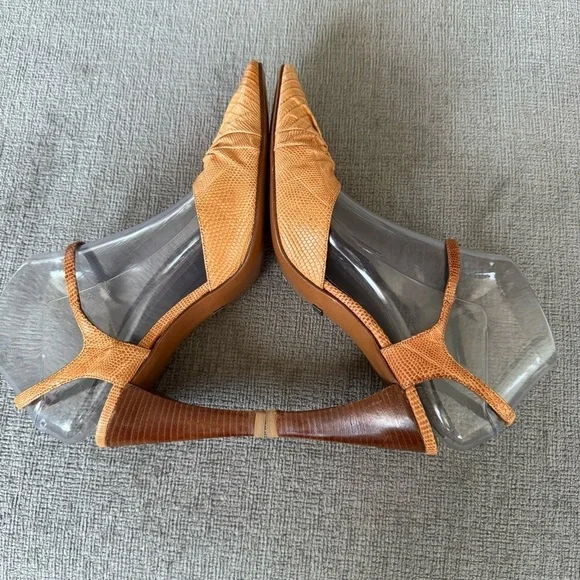 GIORGIO ARMANI Womens Croc Embossed Leather Heels Brown Tan Slingback Sz 38 1/2 - Picture 4 of 13